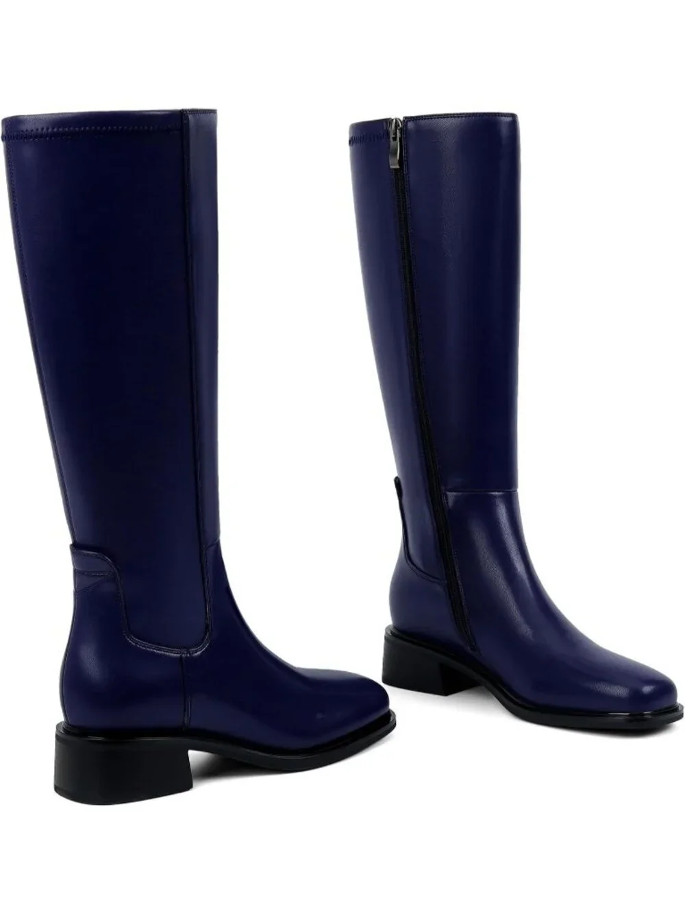 Women's Navy Faux Leather Square Toe Knee High Stretch With Side Zipper Boots